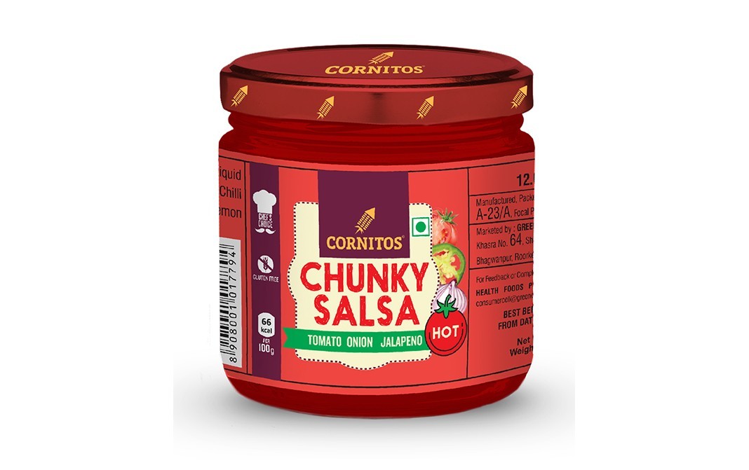 Cornitos Chunky Salsa Tomato Onion Jalapeno Hot   Glass Jar  330 grams